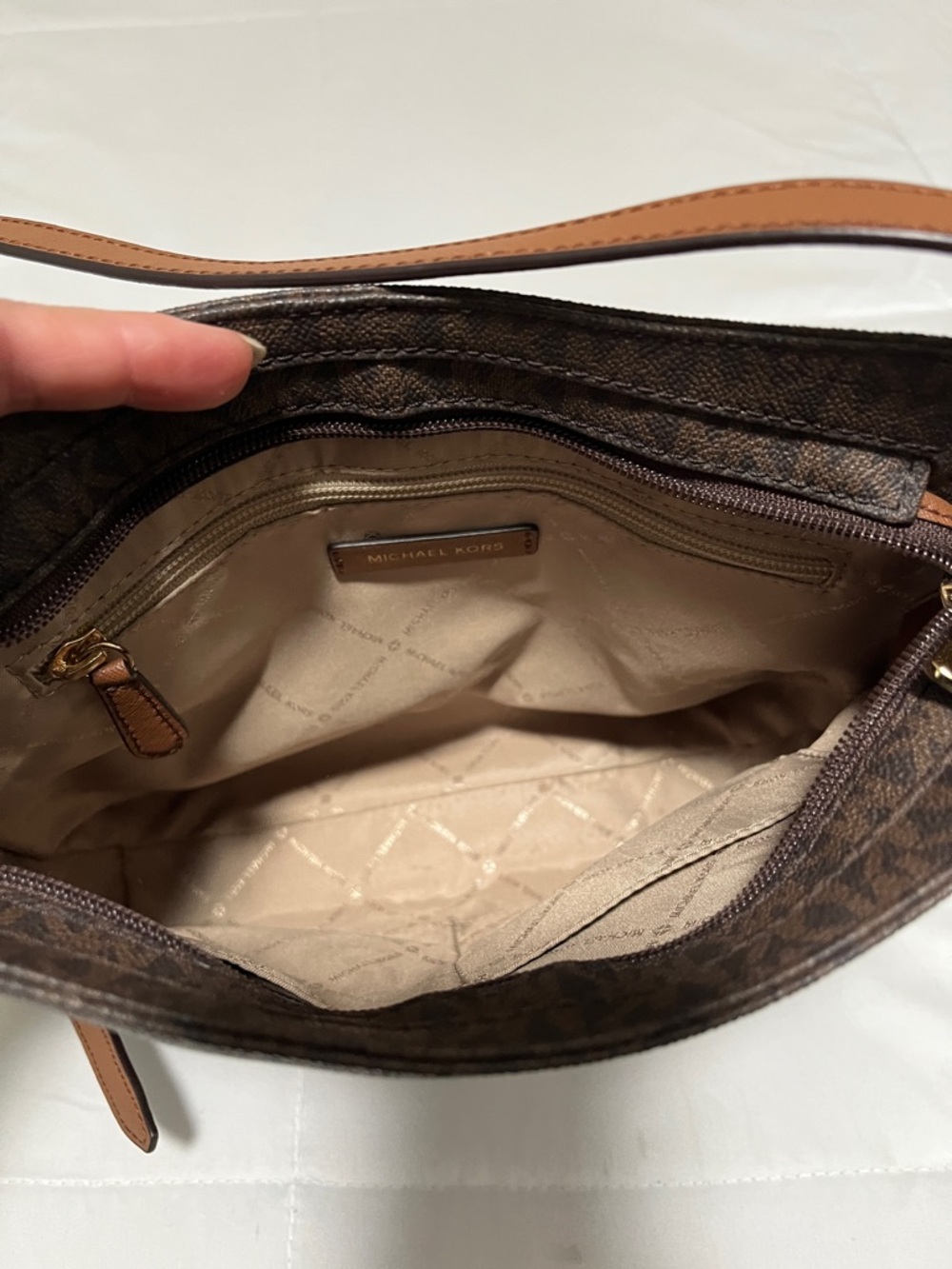 Michael Kors Brown MK Signature Crossbody Bag with Tan Strap - Picture 9 of 9